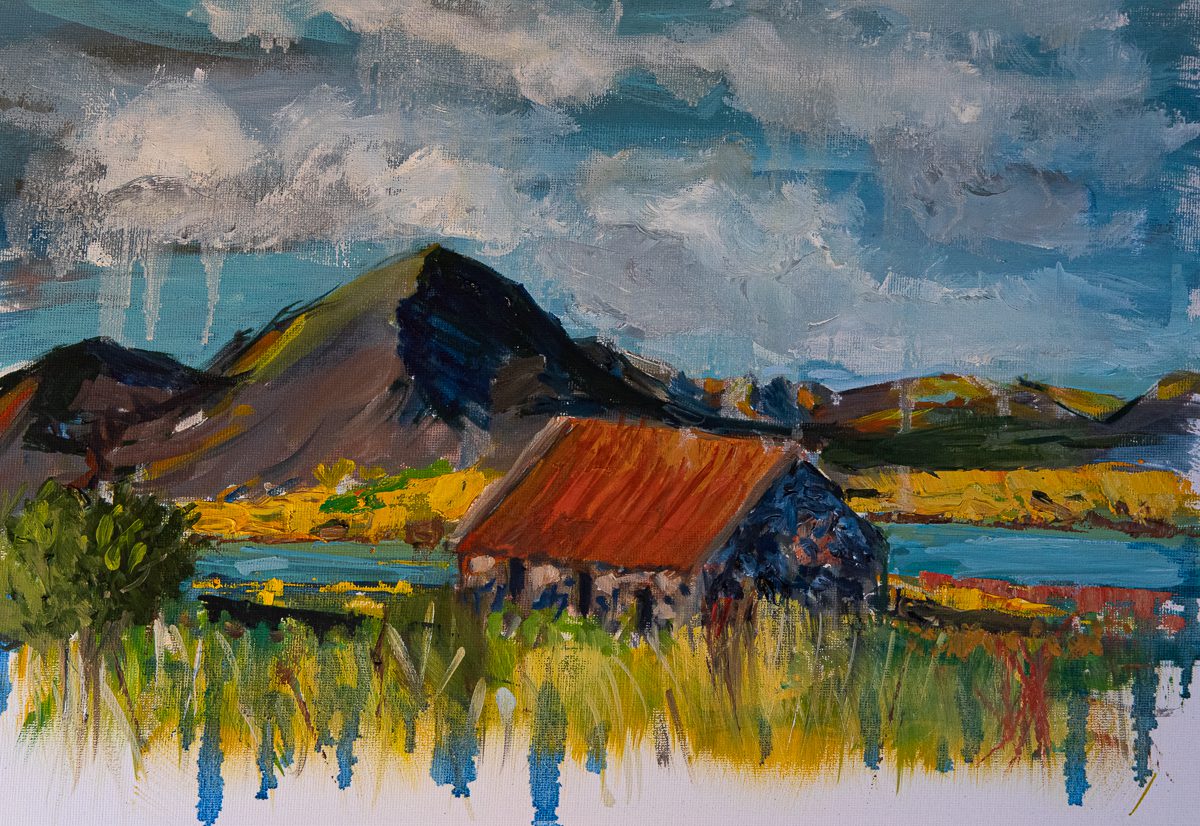 Isle of Skye landscape artist. Red roof byre