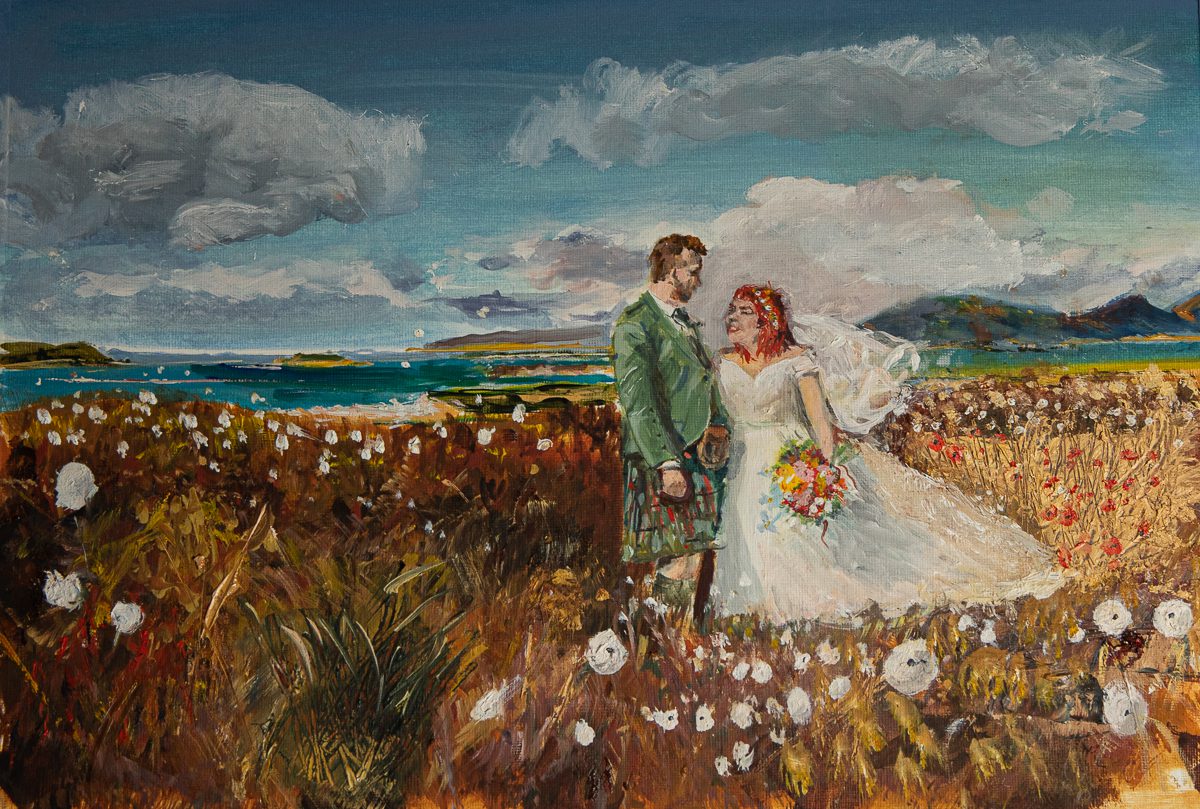 Wedding painting Isle of Skye view of wedding couple with bog cotton