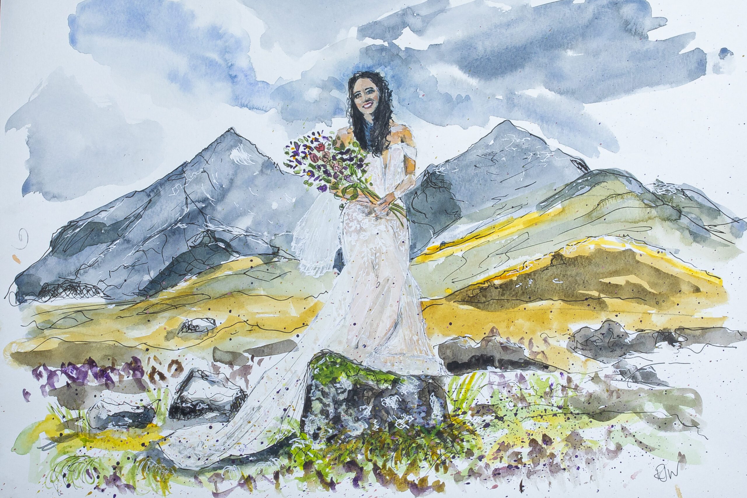 Watercolour wedding painting portrait bride at Sligachan Isle of Skye