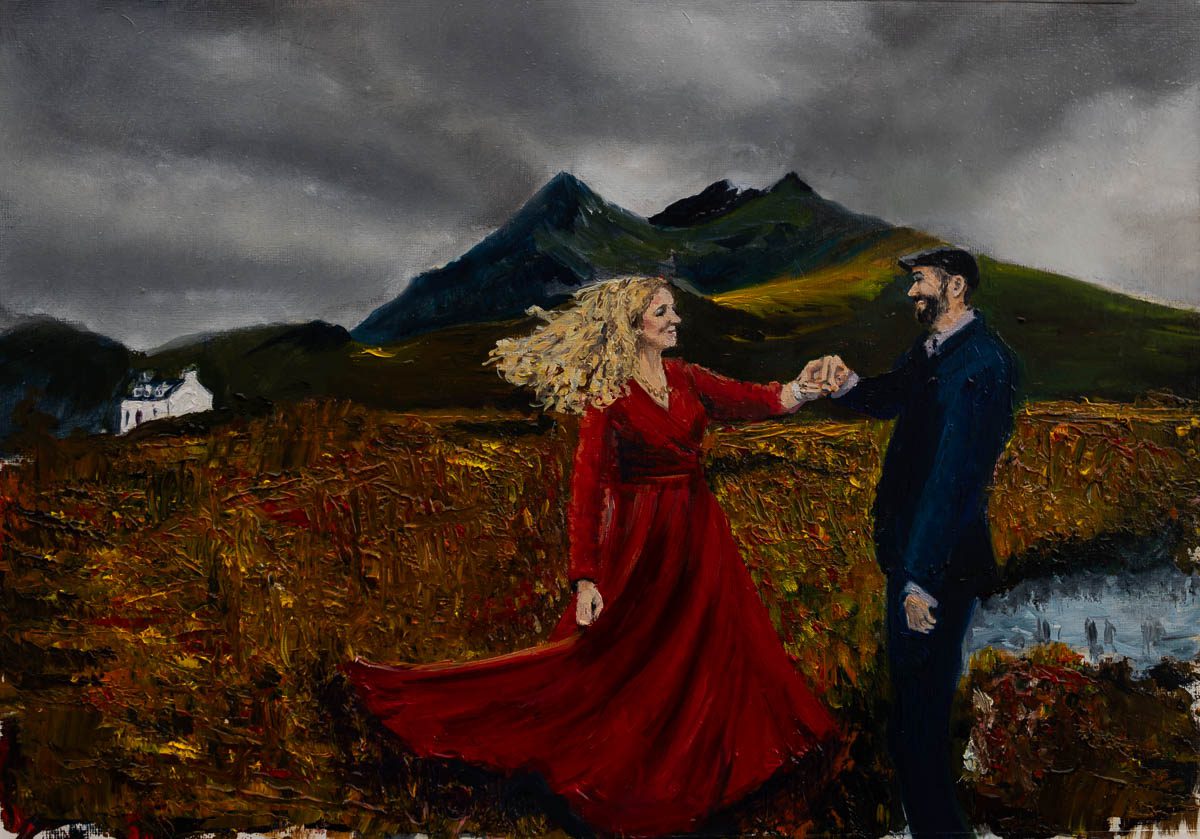 oil painting of a couple celebrating their anniversary at Isle of Skye. They dance. She wears a red dress.