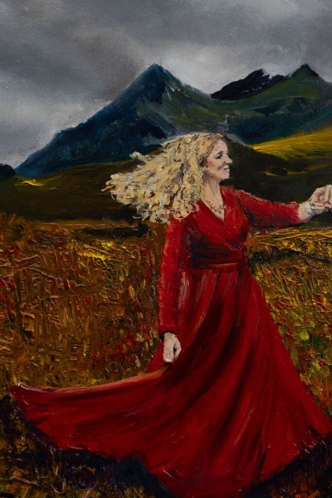 oil painting of a couple celebrating their anniversary at Isle of Skye. They dance. She wears a red dress.