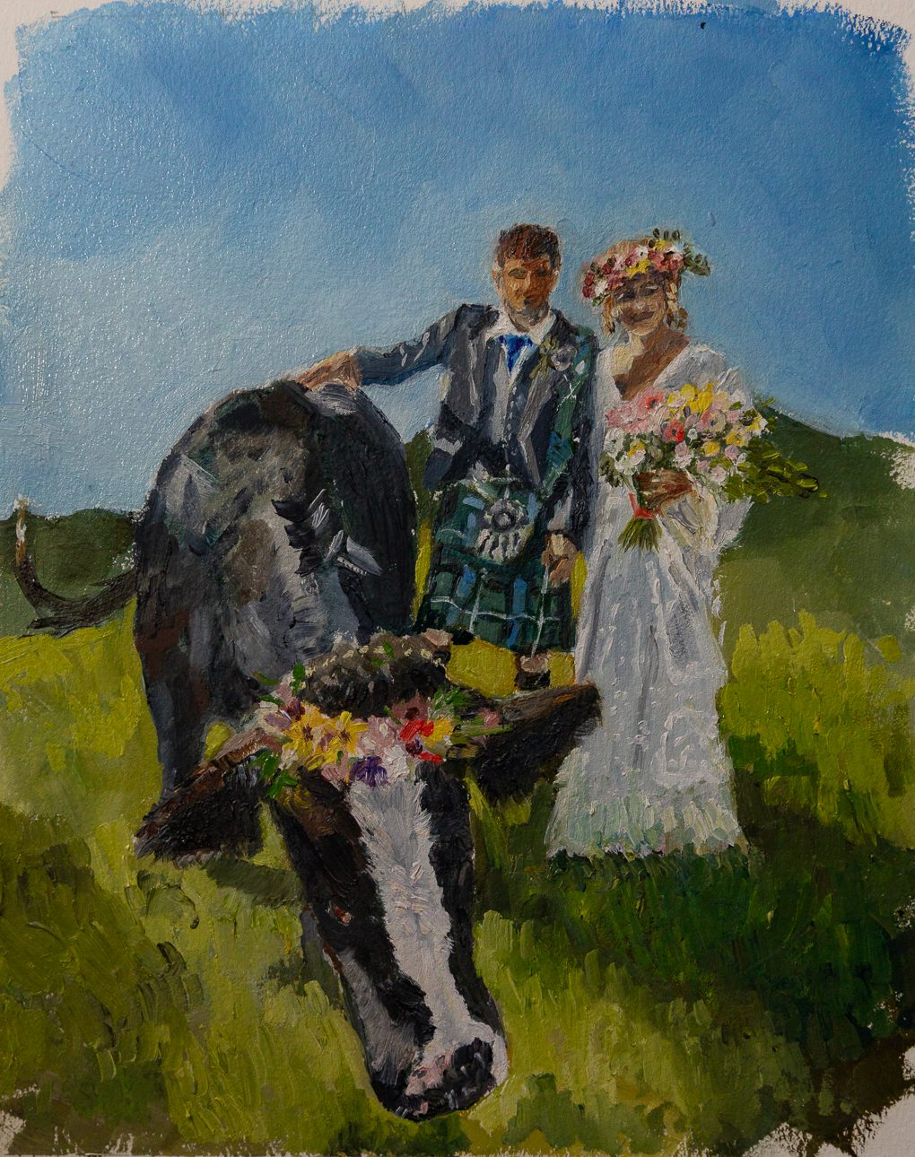 Wedding painting Isle of Skye. Couple with cow and floral crown