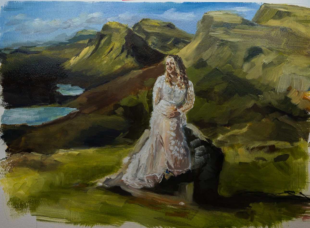 Oil painting of bride at the Quiraing Isle of Skye in morning light